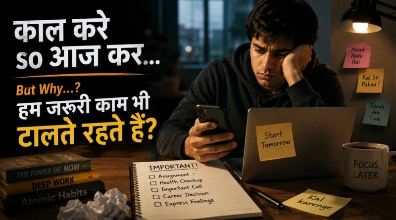 Young man delaying important work while scrolling phone late at night
