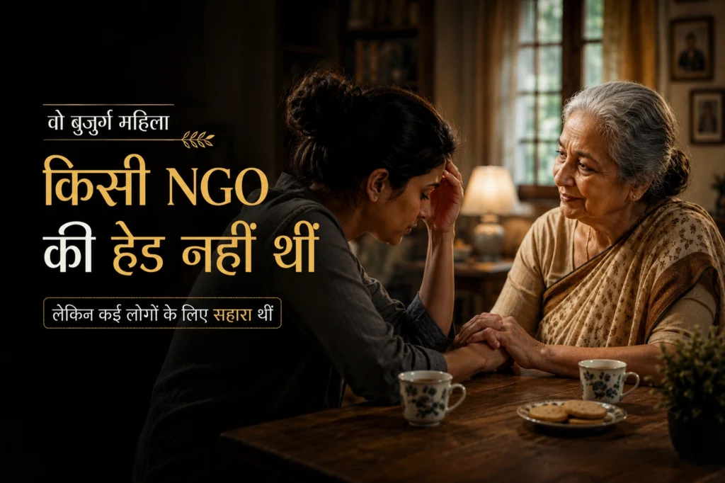 एक बुज़ुर्ग महिला घर में बैठकर एक युवा महिला का हाथ पकड़कर उसे भावनात्मक सहारा देती हुई