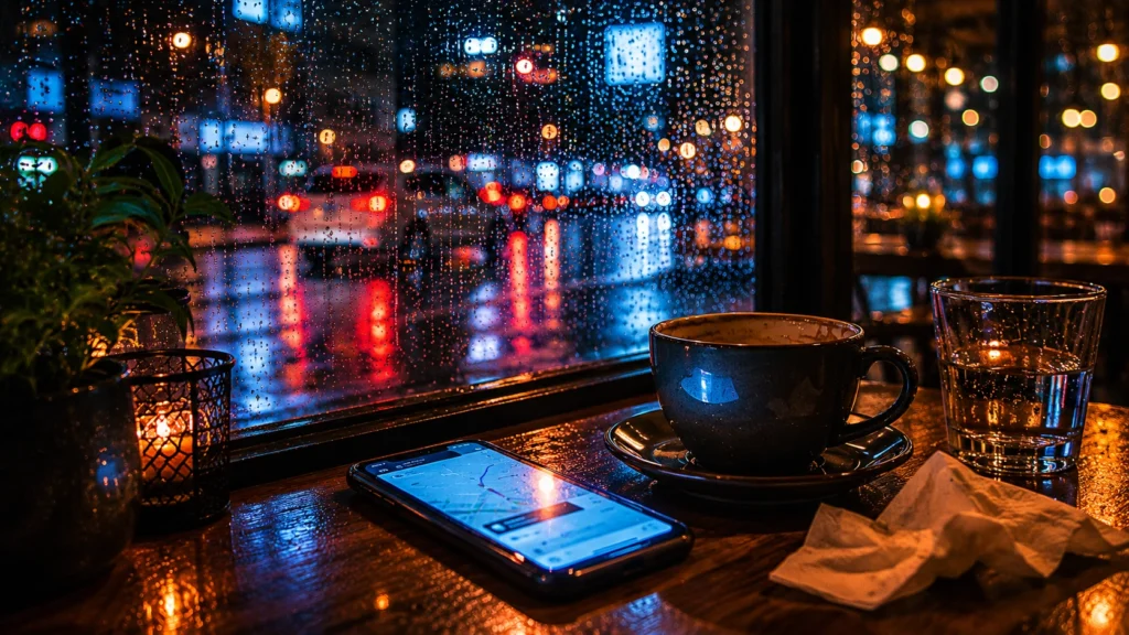 Phone screen glow beside rainy café window during emotional moment