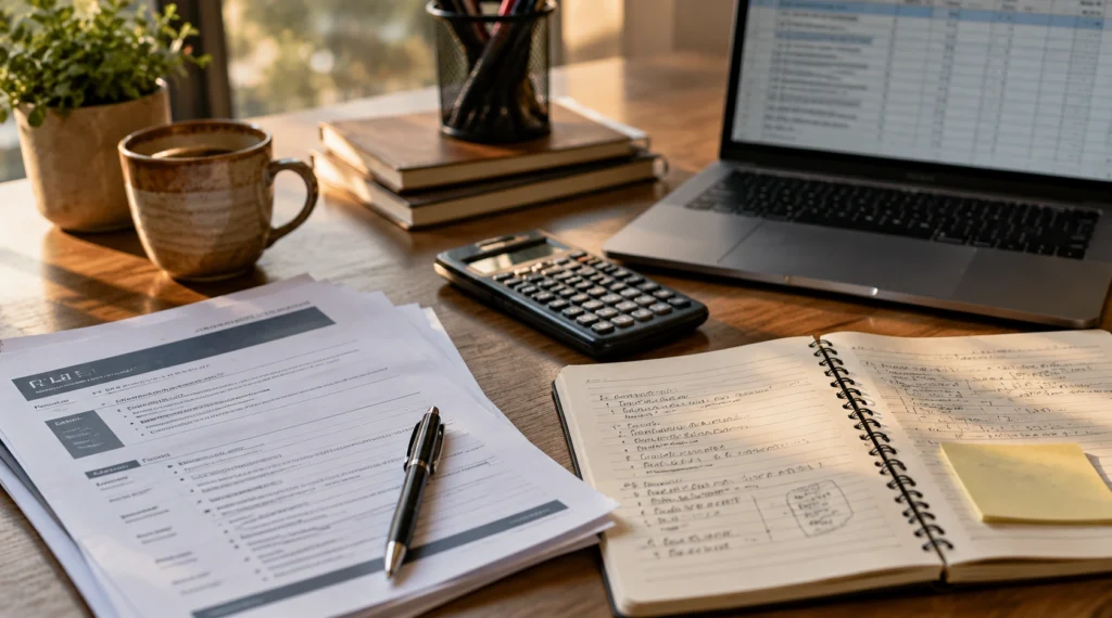 Resume, calculator and career planning notebook on Indian workspace desk