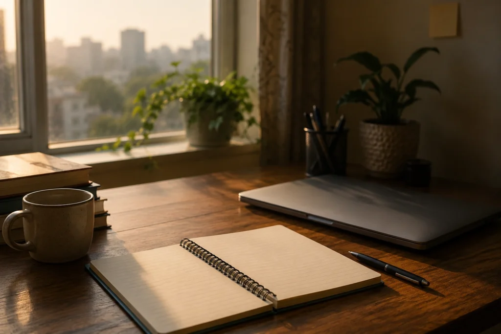 Notebook and laptop in calm morning workspace