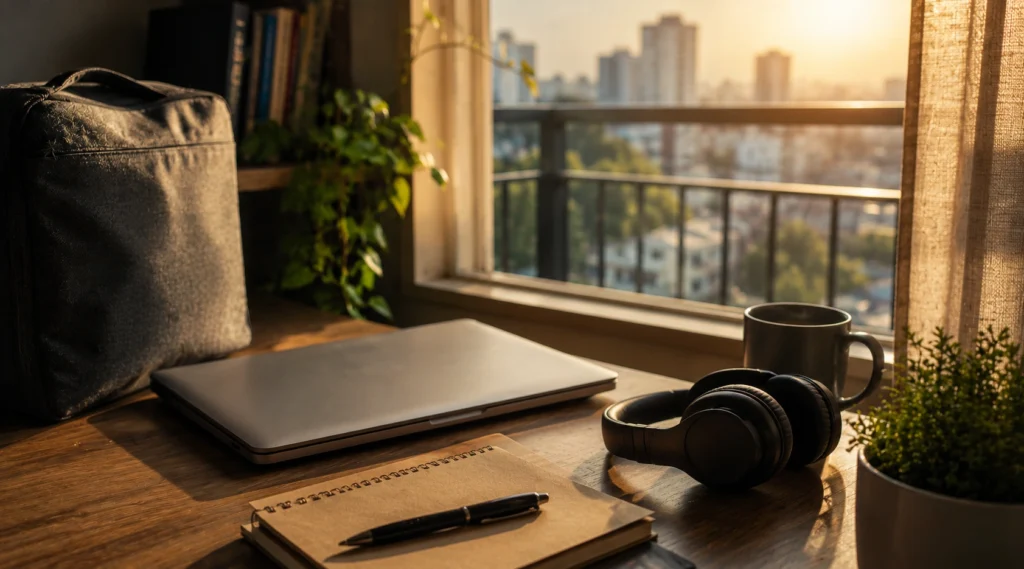 laptop notebook and headphones near apartment window symbolizing career transition