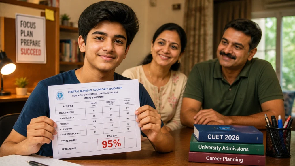 CBSE student holding 95 percent marksheet with parents reacting to result 2026