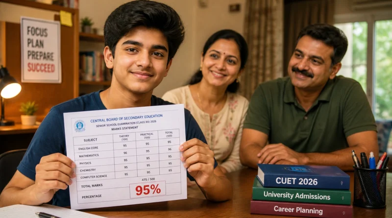 CBSE student holding 95 percent marksheet with parents reacting to result 2026