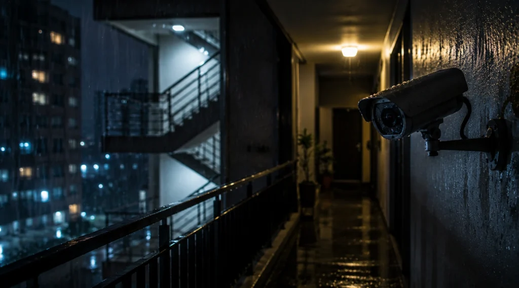 CCTV camera in dark rainy apartment corridor at night