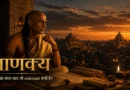 Chanakya contemplating at sunset with Arthashastra scrolls and ancient Pataliputra skyline