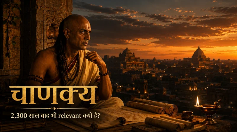 Chanakya contemplating at sunset with Arthashastra scrolls and ancient Pataliputra skyline