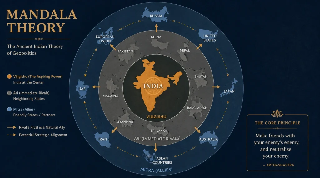 Mandala Theory geopolitical infographic inspired by Chanakya Arthashastra