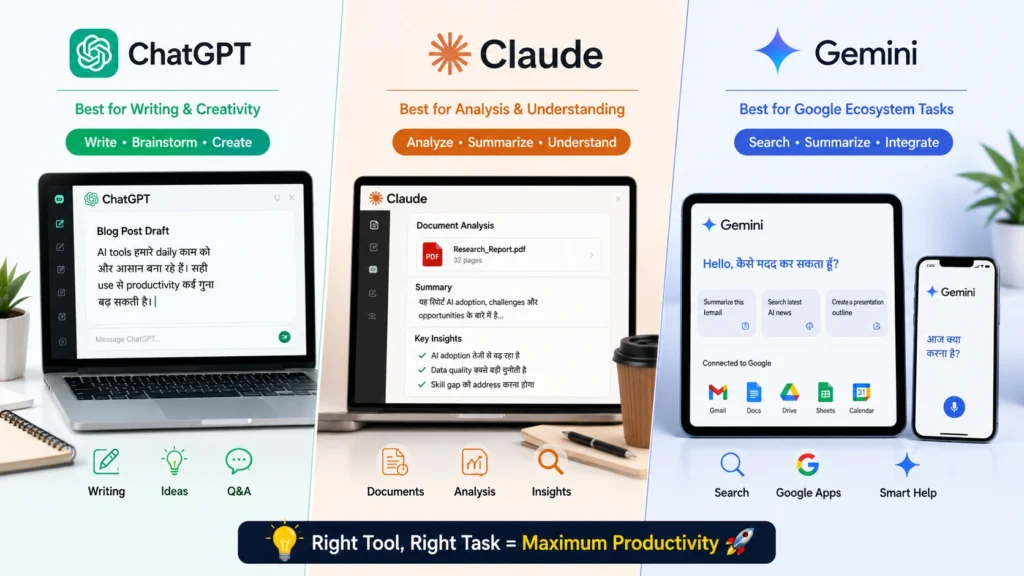 Comparison of ChatGPT Claude and Gemini AI tools for writing analysis and Google tasks