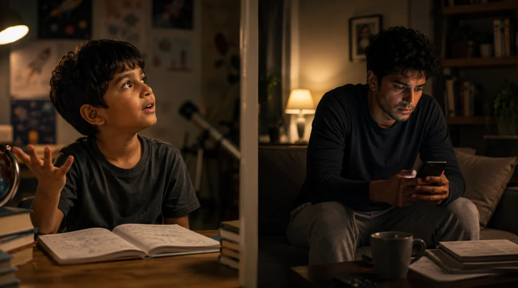Curious Indian child asking questions beside adult silently scrolling phone