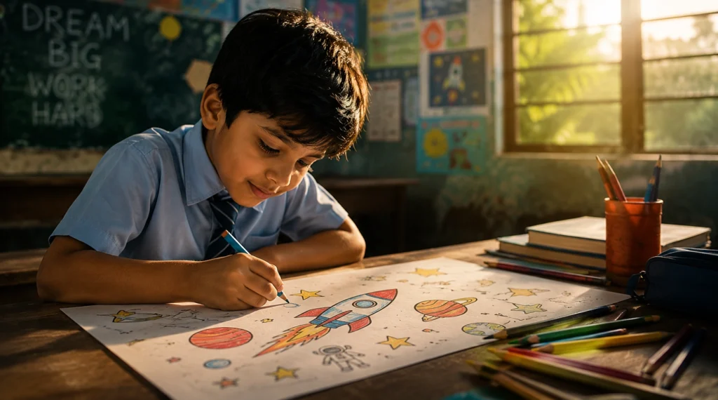 Indian school child drawing rockets and planets while imagining big dreams in a classroom