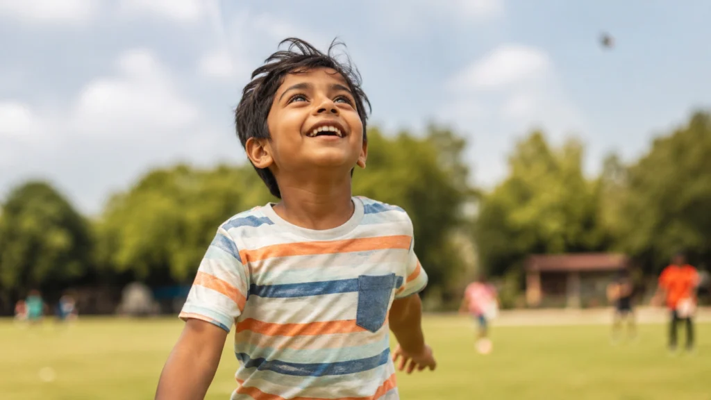 Young Indian child playing outdoors and looking up at the sky in a park.