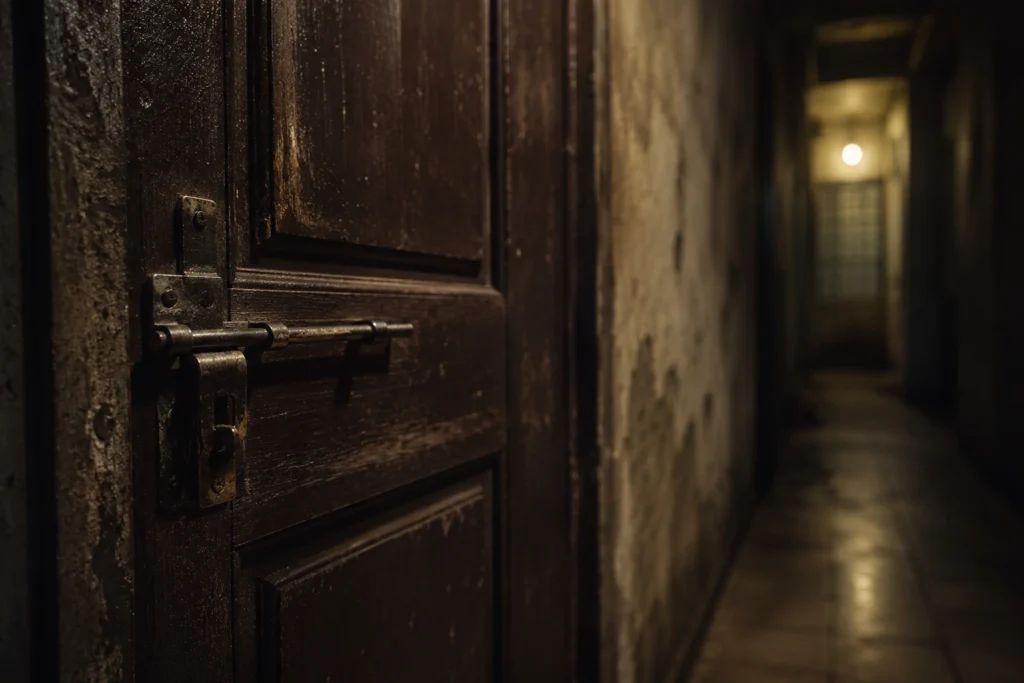 closed apartment door dark corridor horror