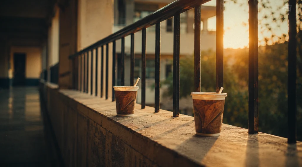 Two unfinished cold coffee cups on college corridor railing during sunset