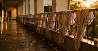 Empty college farewell corridor with signed shirts and sunset light after emotional goodbye