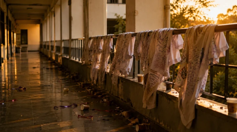 Empty college farewell corridor with signed shirts and sunset light after emotional goodbye