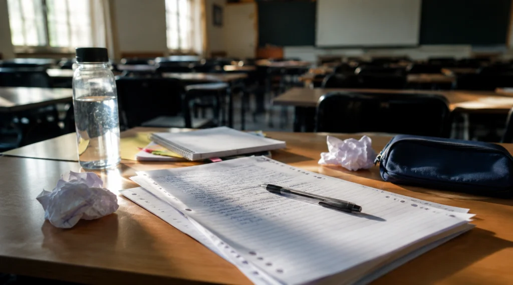 Indian classroom desk with presentation notes and crumpled papers symbolizing student anxiety