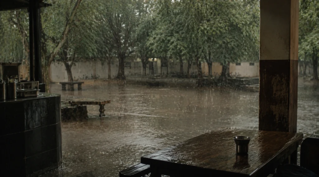 Rain outside small town college canteen during evening