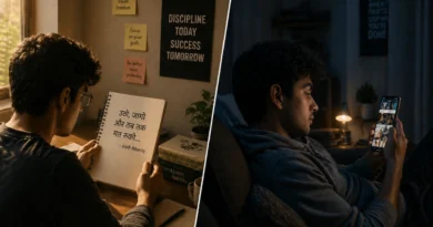 young person inspired reading motivational quote vs distracted on phone split scene
