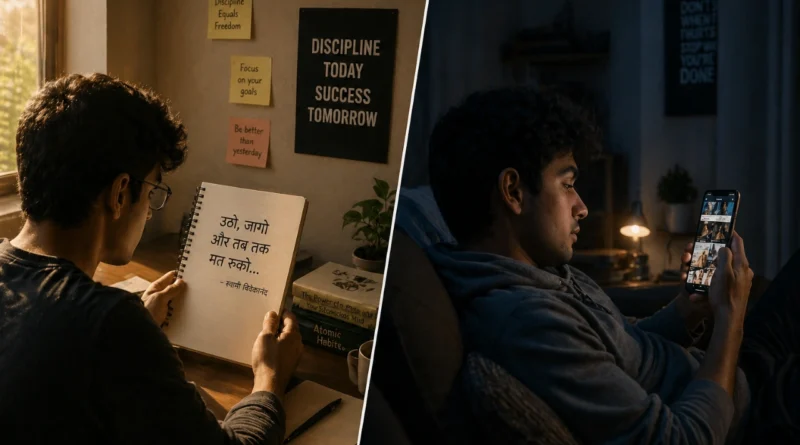 young person inspired reading motivational quote vs distracted on phone split scene