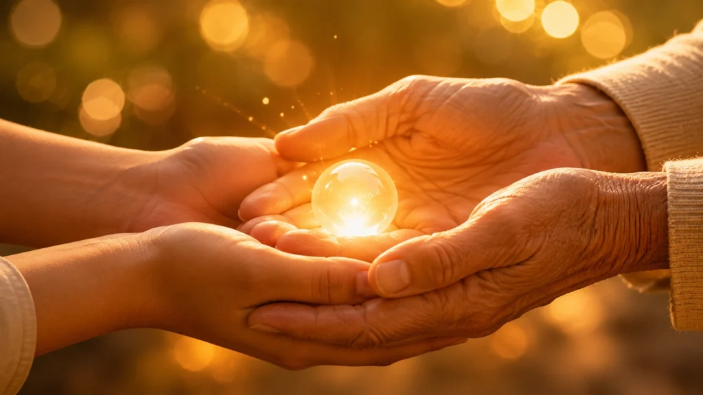 Two generations of hands holding a glowing light symbolizing hope and cornea donation.