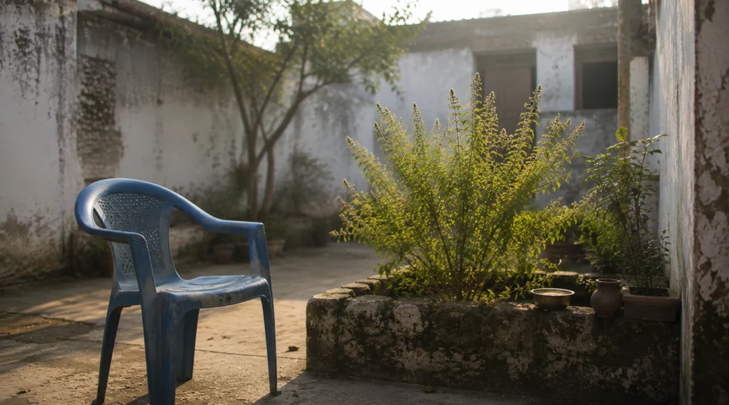 Blue plastic chair beside tulsi plant in Indian courtyard