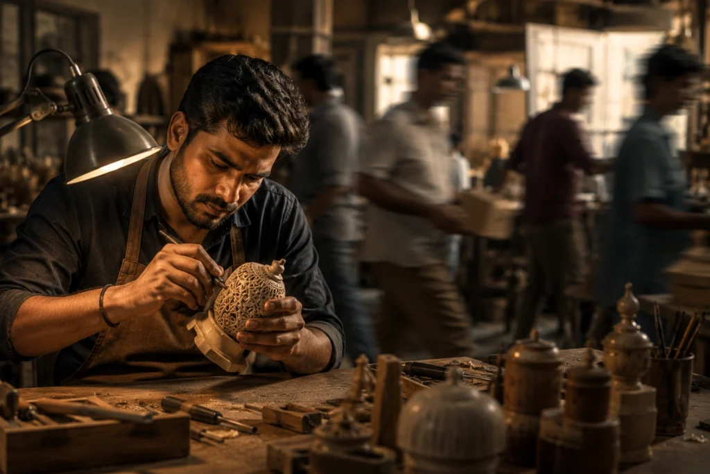 Indian craftsman carefully polishing handmade object while others rush in background