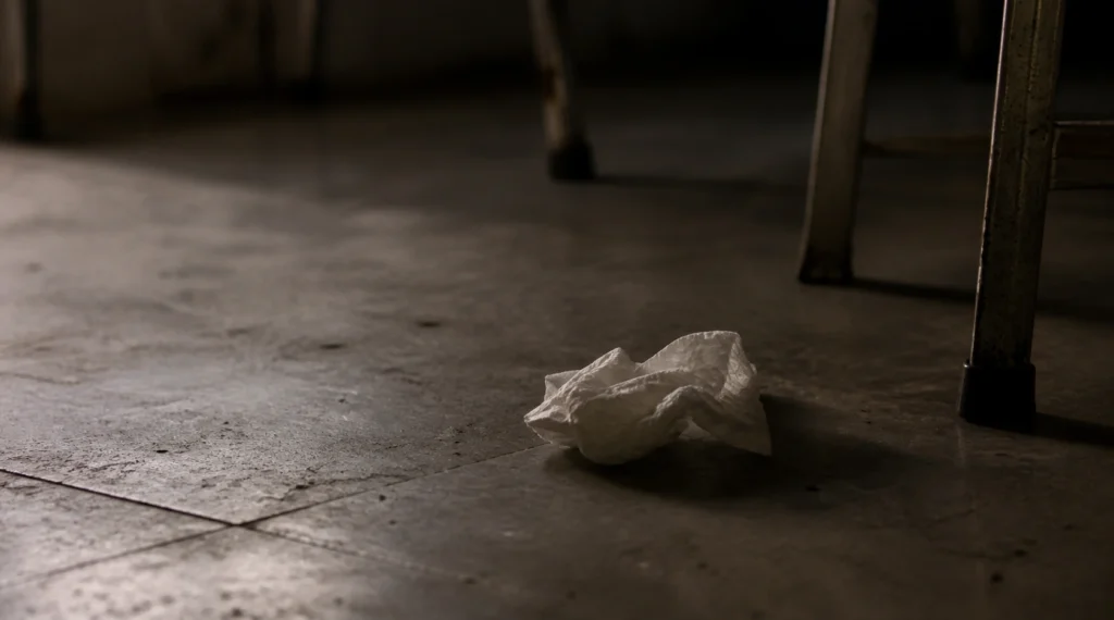 crumpled tissue on clinic floor symbolizing emotional pain during child vaccination