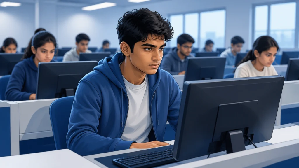 Indian student giving CUET exam on computer in CBT exam hall
