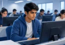 Indian student giving CUET exam on computer in CBT exam hall