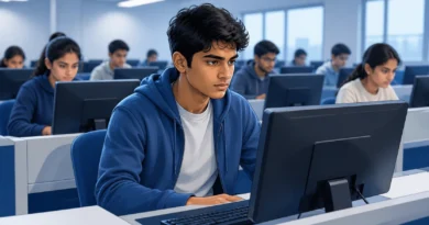 Indian student giving CUET exam on computer in CBT exam hall