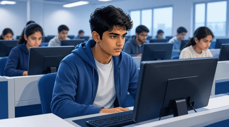 Indian student giving CUET exam on computer in CBT exam hall