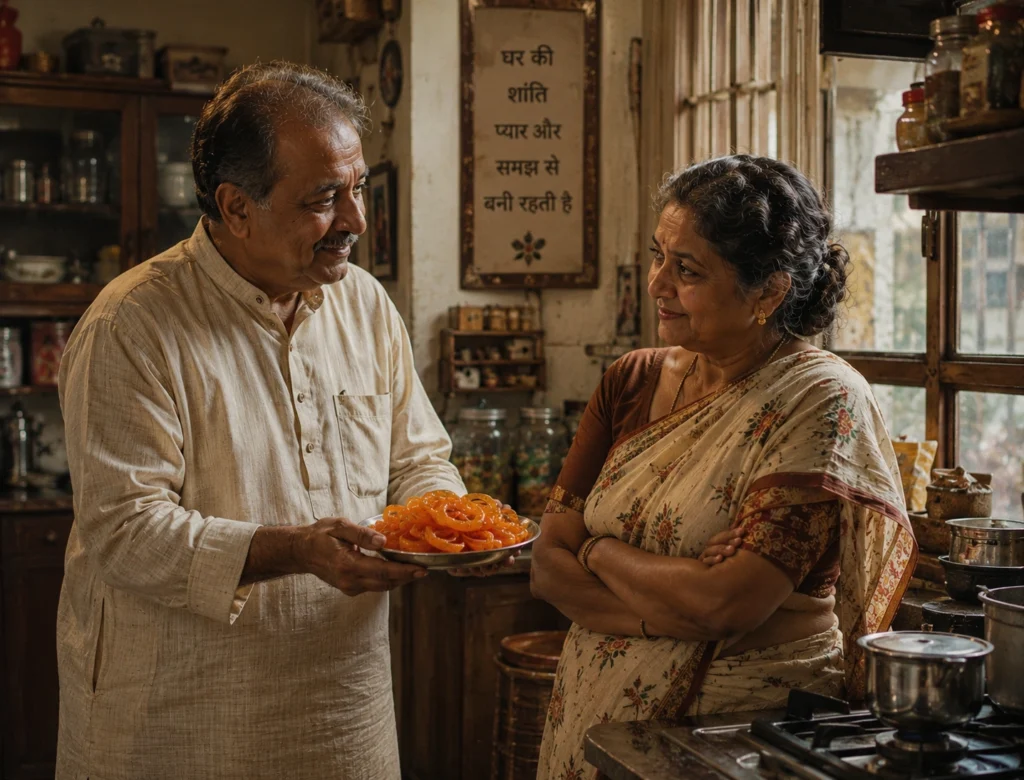दादा जी जलेबी लाकर दादी माँ से प्यार जताते हुए