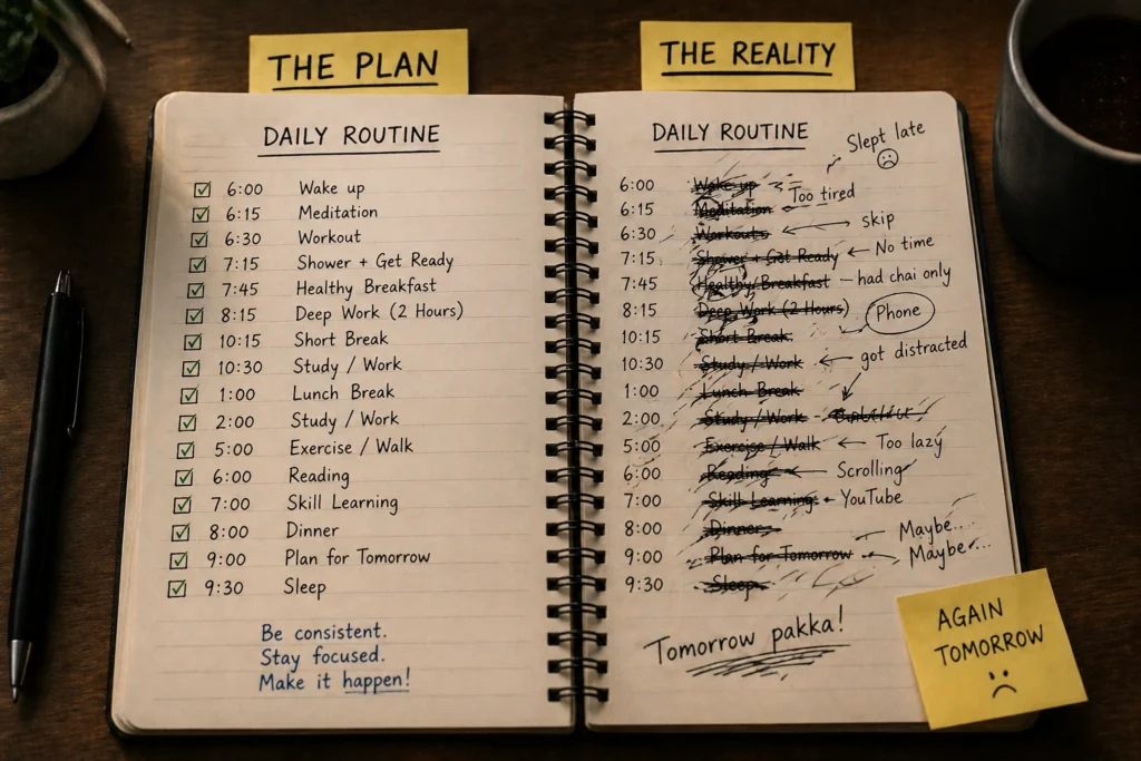 notebook daily routine plan vs messy crossed out schedule inconsistency