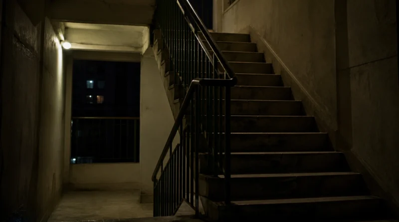 dark staircase in Indian residential building during power cut with dim emergency light