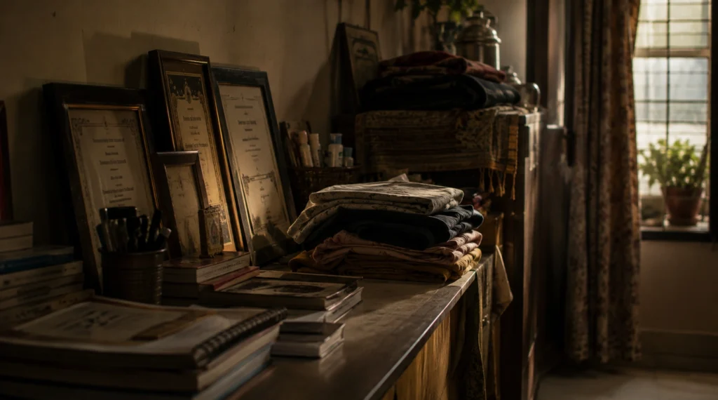 Certificates beside folded clothes in dim Indian room