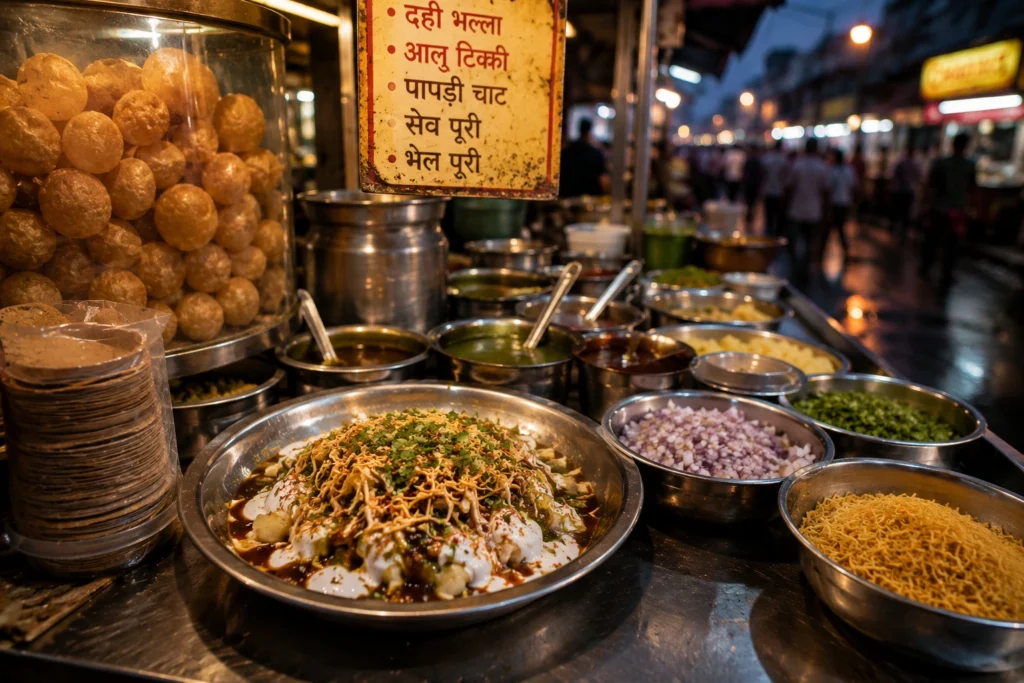 Delhi street chaat counter with ingredients prepared for evening customers