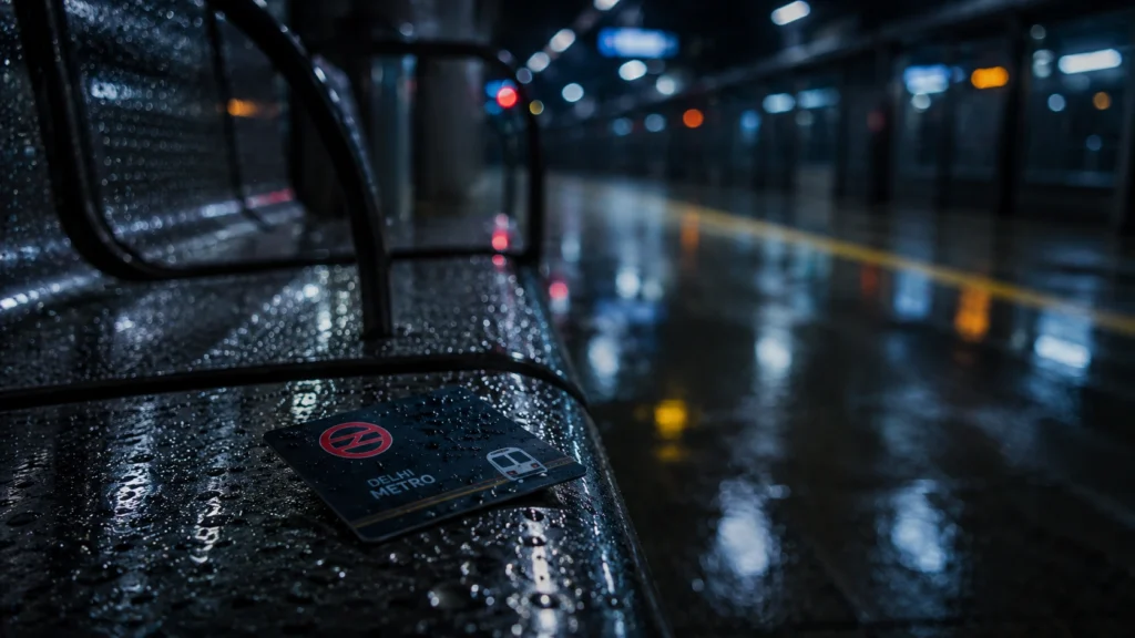 Delhi Metro card on rainy empty platform bench at night