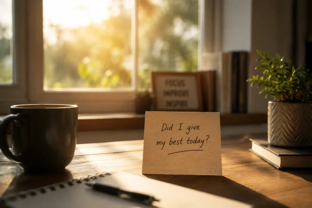 Handwritten note asking did I give my best today on peaceful desk