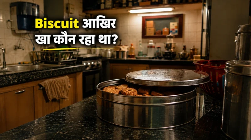 Steel biscuit tin inside Indian kitchen during evening