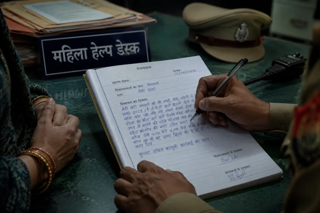 महिला हेल्प डेस्क पर दहेज प्रताड़ना की शिकायत लिखते पुलिस अधिकारी