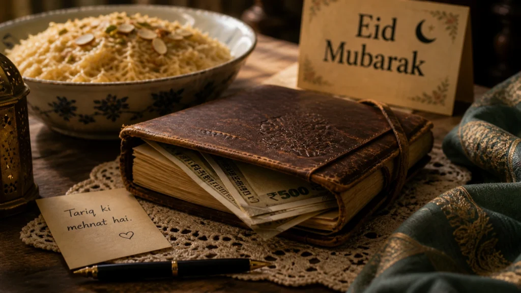 Old diary with money kept inside during Eid in an Indian home, symbolizing a mother saving her son’s hard-earned income