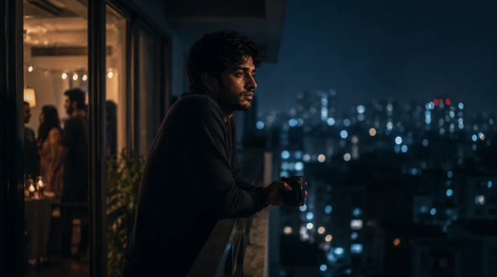 Person standing alone on balcony at night feeling emotionally disconnected after social gathering