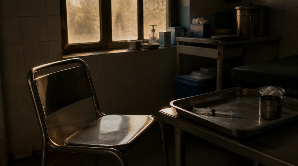 empty chair near vaccination table in clinic representing father silent love and emotional absence