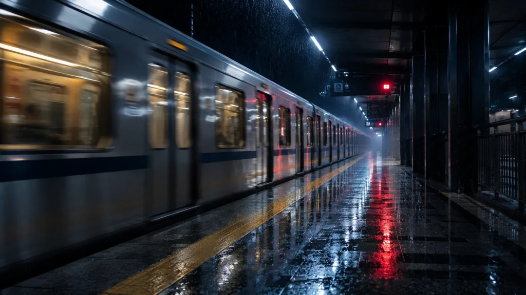 Empty Delhi Metro train moving through rainy station at night