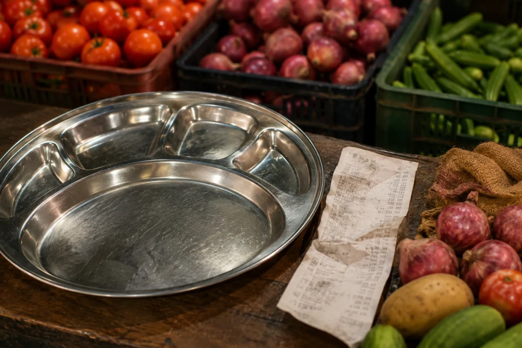 Empty steel thali beside vegetable crates and grocery receipt symbolizing food inflation in India