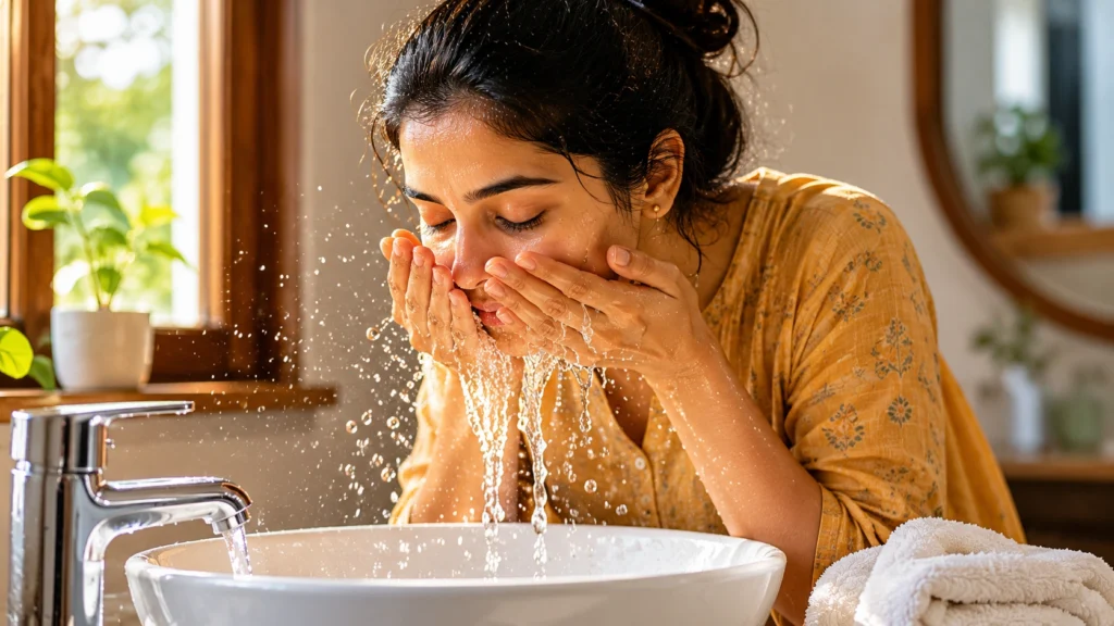 Indian woman washing her face with water in natural morning light.