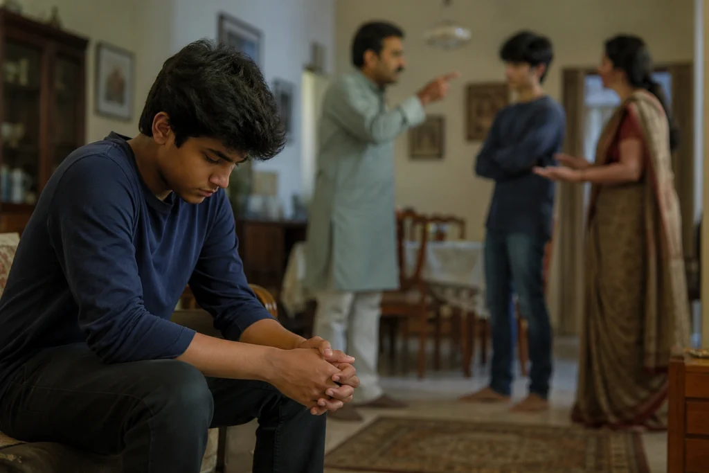 Young Indian boy feeling emotionally isolated during family comparison conversation
