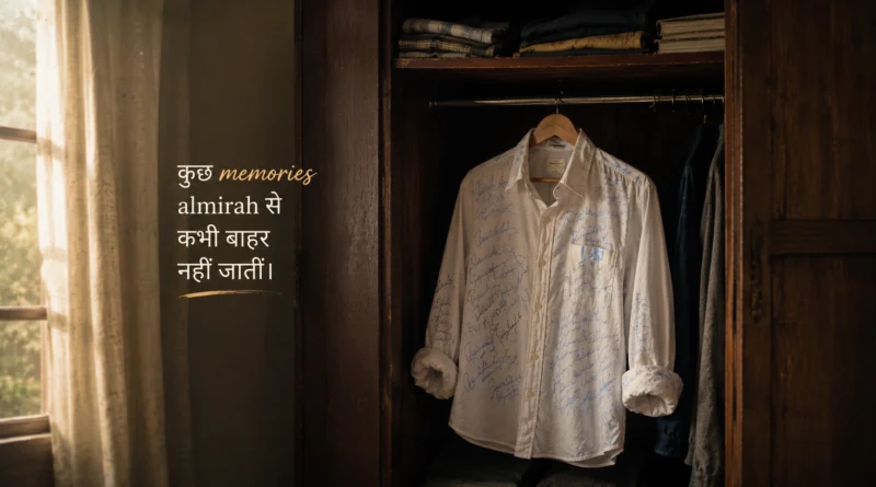 White farewell shirt hanging inside old Indian almirah with faded signatures