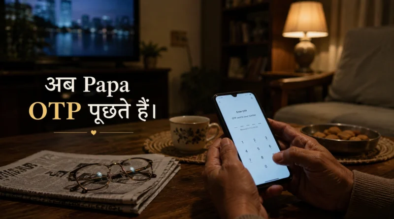 Older Indian father holding smartphone in living room during evening